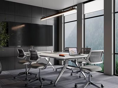 Modern Conference Room With Large Windows Mountain View Black Screen White Table And Gray Chairs 3d model