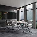 Modern Conference Room With Large Windows Mountain View Black Screen White Table And Gray Chairs