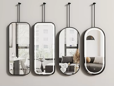 Four Different Shaped Hanging Mirrors Reflecting Home Interior Scenes 3d model