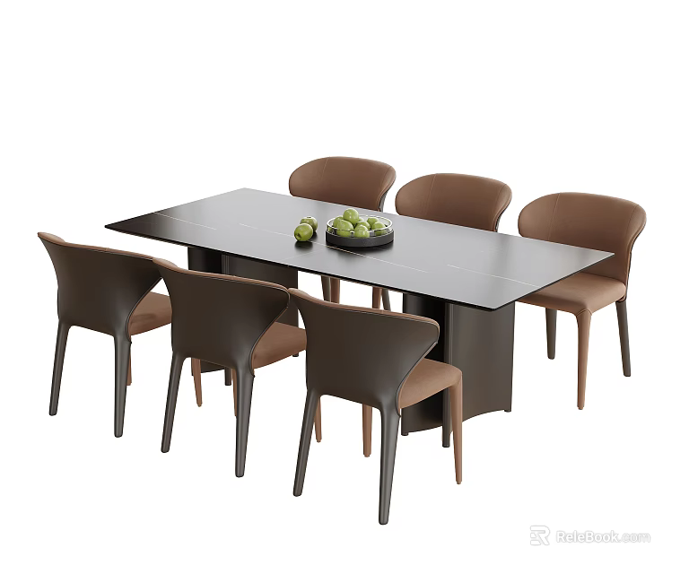 Modern Rectangular Table And Six Brown Chairs Set With Green Fruit Bowl 3d model