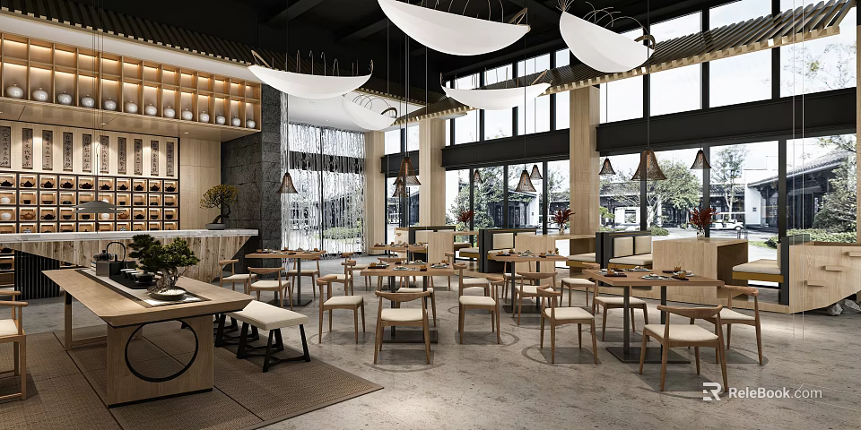 Modern Bright Restaurant Interior With Wooden Tables Hanging Lights And Large Windows 3d model 