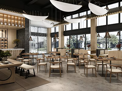 Modern Bright Restaurant Interior With Wooden Tables Hanging Lights And Large Windows 3d model