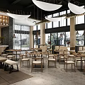 Modern Bright Restaurant Interior With Wooden Tables Hanging Lights And Large Windows