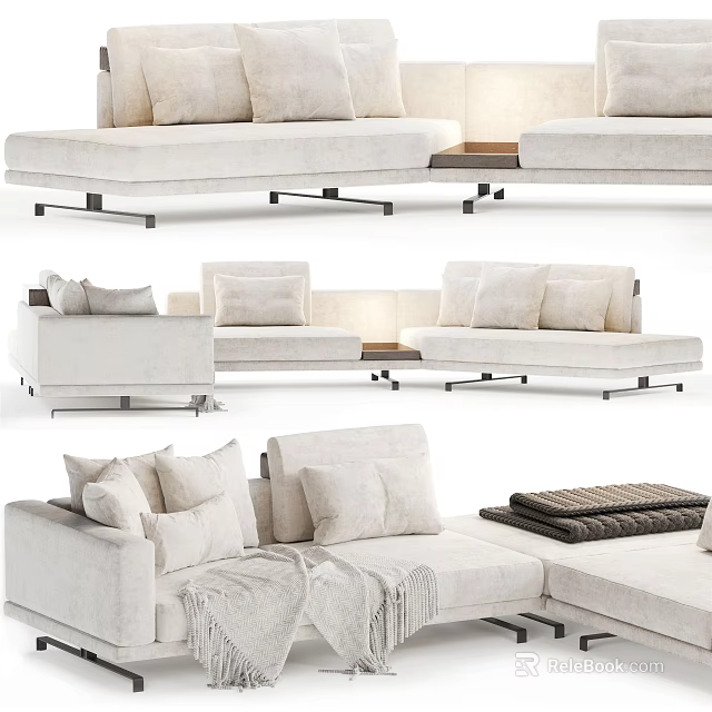 Modern Beige Sectional Sofa With Plush Pillows Cozy Throw Blanket And Side Table 3d model