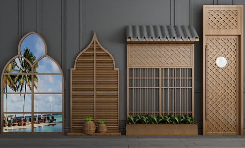 Southeast Asia Window Solid Wood Window Swing Door Combination 3d model