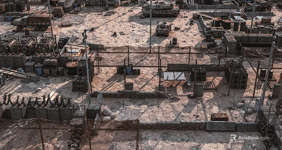 Abandoned Area With Debris Old Crates And Metal Structures On Dirt Ground 3d model 