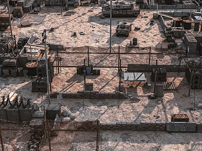 Abandoned Area With Debris Old Crates And Metal Structures On Dirt Ground 3d model