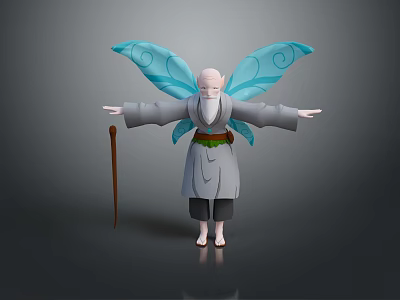 Old Man With Blue Wings Wearing Gray Robe Green Belt Holding Staff Arms Outstretched 3d model