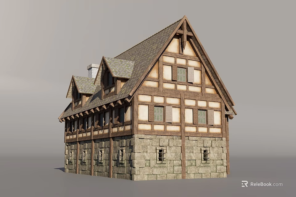 Medieval Timber Framed Building With Stone Wall Base Sloped Roof And Multiple Windows 3d model 