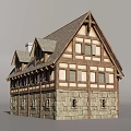 Medieval Timber Framed Building With Stone Wall Base Sloped Roof And Multiple Windows