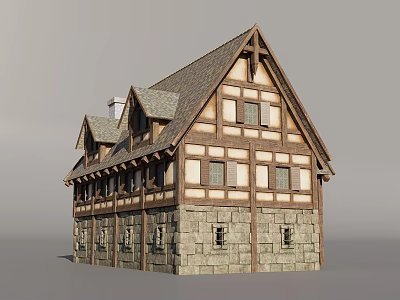 Medieval Timber Framed Building With Stone Wall Base Sloped Roof And Multiple Windows 3d model