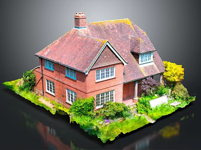 Detached House with Red Brick Exterior Tiled Roof Chimney and Lush Green Garden 3d model