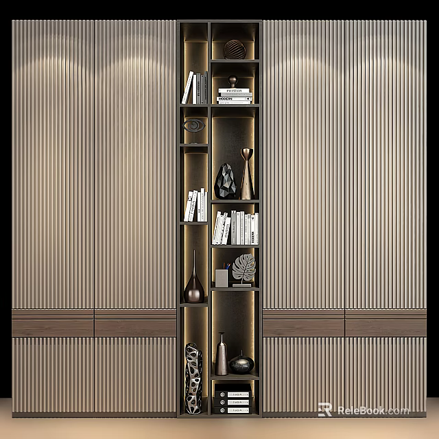 Elegant Modern Wardrobe Design With Built in Shelves Books Decorations And Wooden Panels 3d model 