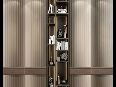 Elegant Modern Wardrobe Design With Built in Shelves Books Decorations And Wooden Panels 3d model