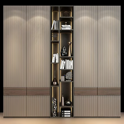 Elegant Modern Wardrobe Design With Built in Shelves Books Decorations And Wooden Panels 3d model