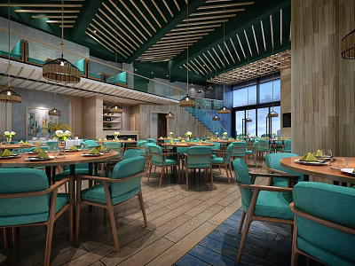 Modern Restaurant Interior With Green Chairs Wooden Ceiling And Pendant Lights 3d model