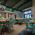 Modern Restaurant Interior With Green Chairs Wooden Ceiling And Pendant Lights