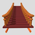 Wooden Plank Bridge Structure With Red Rope Barriers And Decorative Posts