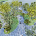 Outdoor Leisure Path with Trees Grass People Sitting on Benches Pedestrians and Strollers
