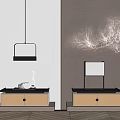 Two Beige Brown Bedside Tables With Drawers Table Lamps And Branch Wall Art