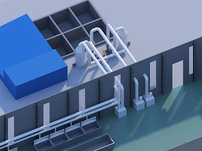 Industrial Equipment in Factory with Pipes Gray Walls and Blue Structural Components 3d model