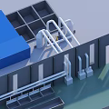 Industrial Equipment in Factory with Pipes Gray Walls and Blue Structural Components