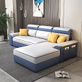 Modern Blue White Sectional Storage Sofa With Yellow Cushions And Plant In Living Room