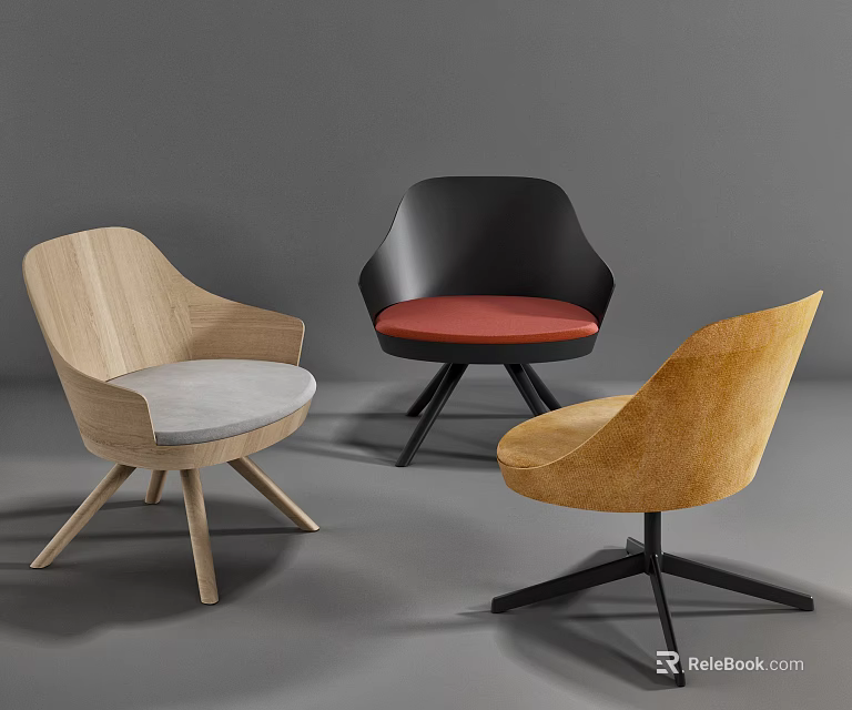 Modern Accent Chairs with Different Designs Wooden Metal Frames and Light Grey Red Yellow Cushions 3d model 