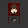 Vintage Red Wooden Cabinet Clock With Ornate Face Decorative Panel And Pendulum Ball