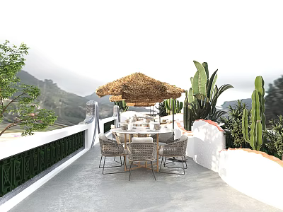 Scenic Restaurant Outdoor Terrace With Thatched Umbrella Table Chairs Green Plants And Mountain View 3d model