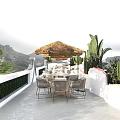 Scenic Restaurant Outdoor Terrace With Thatched Umbrella Table Chairs Green Plants And Mountain View