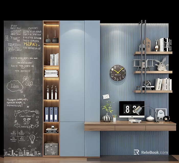 Modern Bookcase Interior With Chalkboard Wall Clock Potted Plant And Decorative Books 3d model 