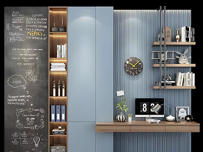 Modern Bookcase Interior With Chalkboard Wall Clock Potted Plant And Decorative Books 3d model
