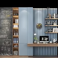 Modern Bookcase Interior With Chalkboard Wall Clock Potted Plant And Decorative Books