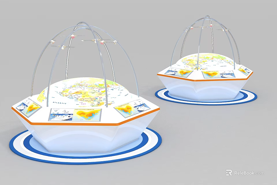 Octagonal Display Shelves With Transparent Dome World Map And Blue Circular Base 3d model 