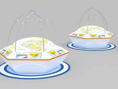 Octagonal Display Shelves With Transparent Dome World Map And Blue Circular Base 3d model