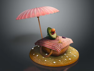 Avocado Topped With Pink Striped Umbrella And Red White Checkered Cloth On Yellow Round Base 3d model