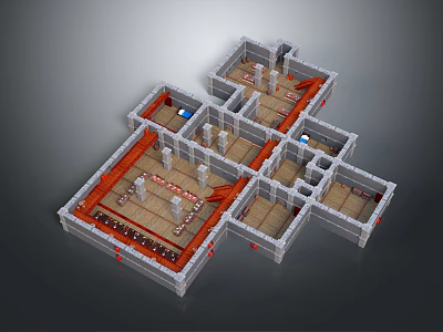 Interior Layout 3D Model With Multiple Rooms Red Gray Structural Sections 3d model
