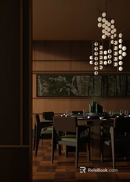 Stylish Private Dining Room With Wooden Walls Bamboo Artwork Chandelier And Dining Table Setup 3d model 