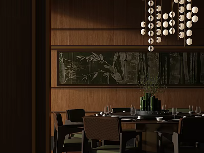 Stylish Private Dining Room With Wooden Walls Bamboo Artwork Chandelier And Dining Table Setup 3d model