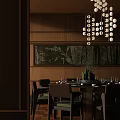 Stylish Private Dining Room With Wooden Walls Bamboo Artwork Chandelier And Dining Table Setup