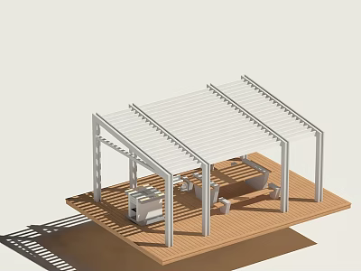 Outdoor Swing Door Design For Wooden Deck With White Canopy And Chairs 3d model