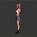 3D Character With Red Hair White Crop Top Blue Pleated Skirt Gray Boots Arms Outstretched