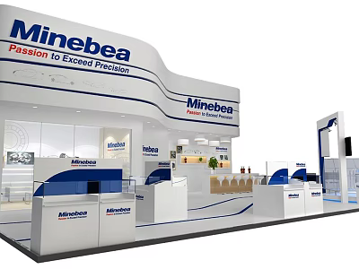 Minebea Modern Exhibition Booth With White Blue Design Reception Desk And Branding Elements 3d model