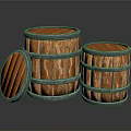 Wooden Barrels for Household with Wood Grain Metal Hoops Open Lid on Black Surface