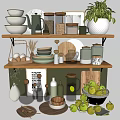 Modern Kitchenware Display On Shelves With Bowls Jars Cutting Boards And Green Plants
