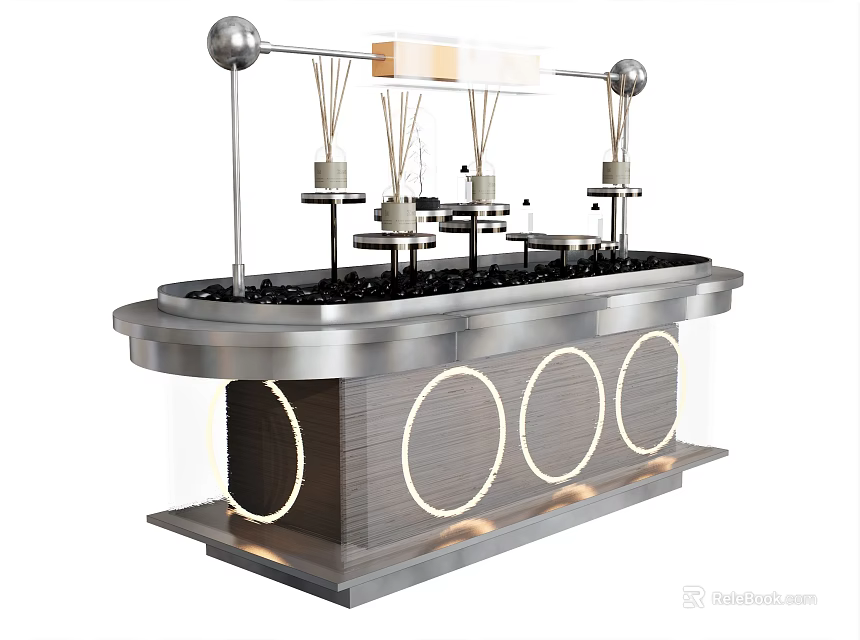 Modern Metal Display Shelf Unit With Round Light Accents And Hanging Structure 3d model 