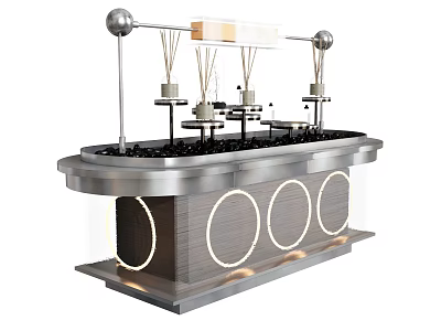 Modern Metal Display Shelf Unit With Round Light Accents And Hanging Structure 3d model