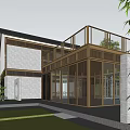 Modern Homestay Building Featuring Glass Curtain Walls Gray Stone Walls Greenery And Lawn