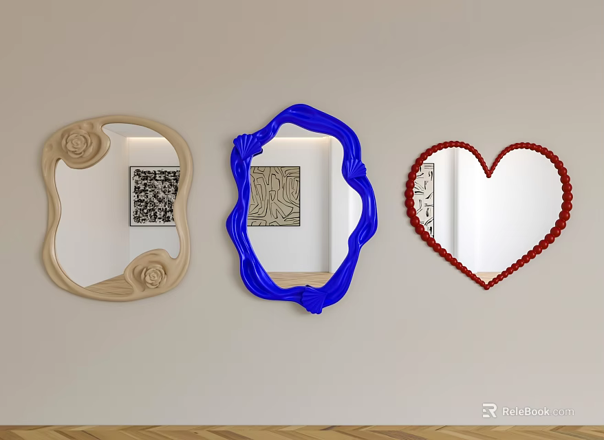 Decorative Wall Mirrors With Beige Floral Blue Irregular And Red Heart Shaped Frames 3d model
